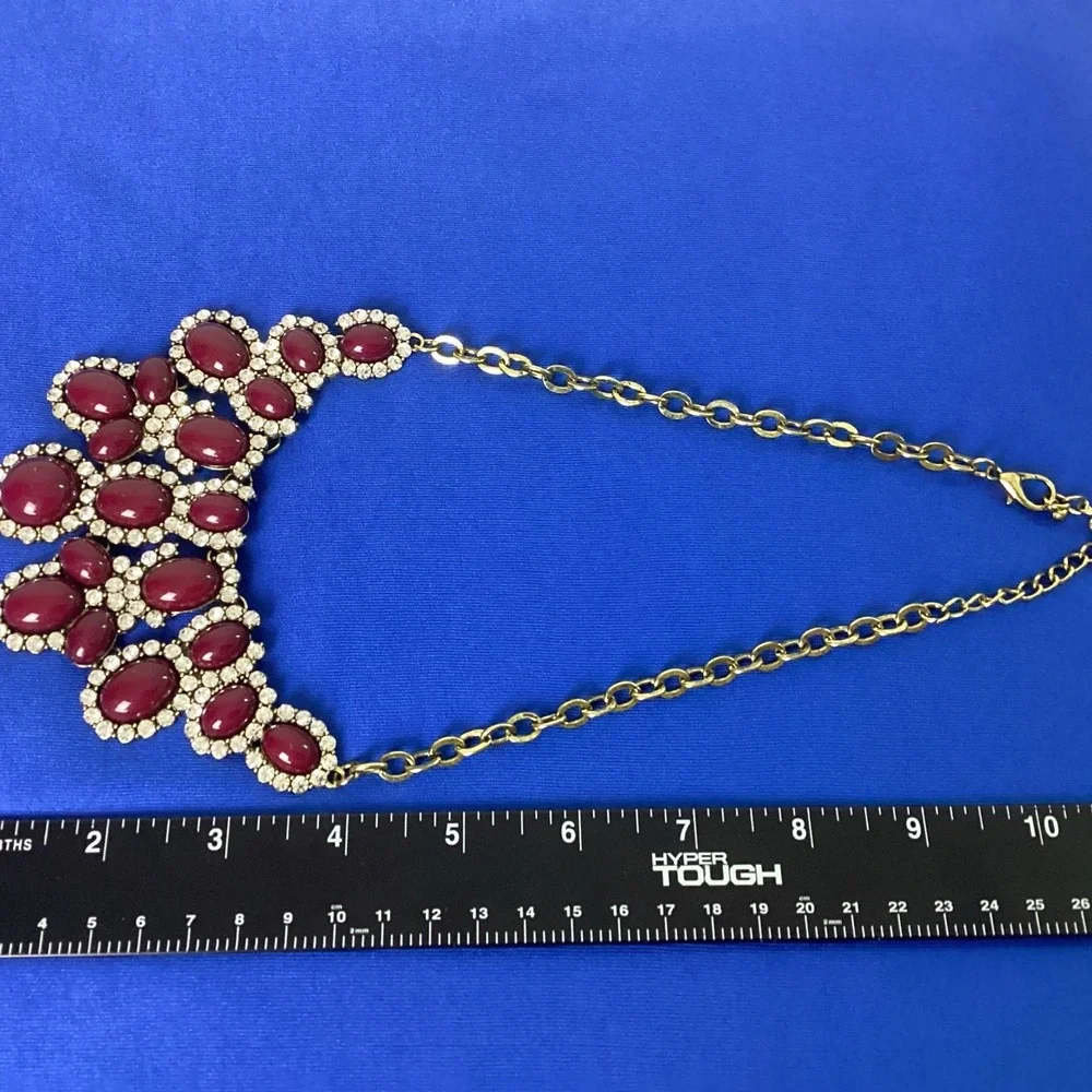 Vintage Burgundy Red Stone Diamonds Statement Necklace Costume Bling Glam Gold